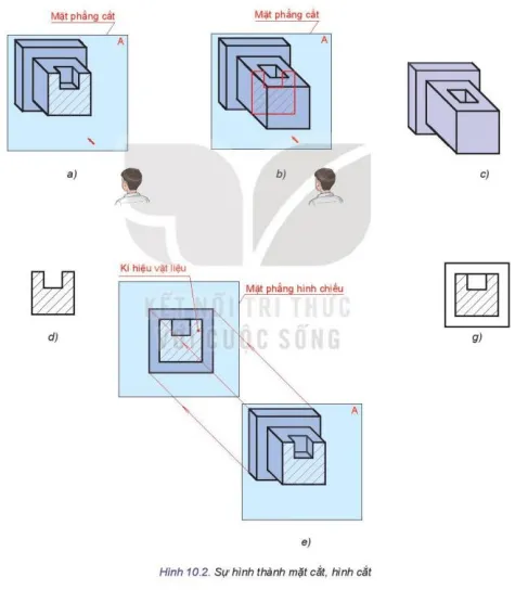 Quan sát Hình 10.2 và sắp xếp trình trự các hình a, b, c, d, e, g theo đúng trình tự hình thành mặt cắt hình cắt Kham Pha 1 Trang 58 Cong Nghe 10 Tkcn 1