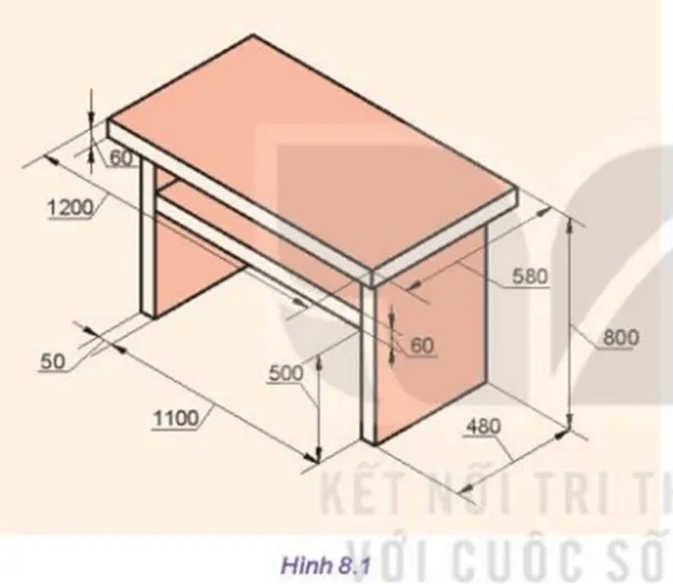 Hình 8.1 biểu diễn hình dáng và kích thước của một chiếc bàn. Em hãy mô tả chiếc bàn đó Mo Dau Trang 45 Cong Nghe 10 Tkcn 1