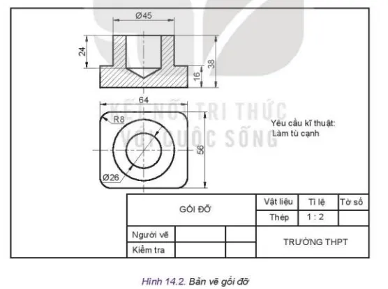 Đọc bản vẽ chi tiết gối đỡ Hình 14.2 Thuc Hanh Trang 81 Cong Nghe 10 Tkcn