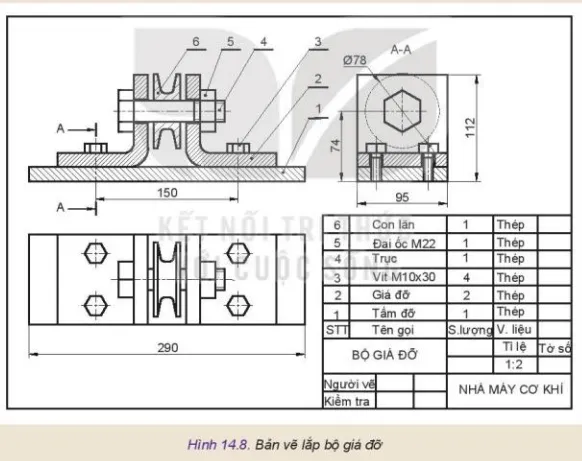 Đọc bản vẽ lắp bộ giá đỡ và lập bản vẽ cho chi tiết giá đỡ Hình 14.8 Thuc Hanh Trang 84 Cong Nghe 10 Tkcn 1