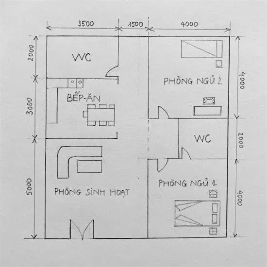 Hãy vẽ mặt bằng của ngôi nhà một tầng có diện tích 90m2 có 2 phòng ngủ 1 phòng sinh hoạt chung 1 bếp ăn và 2 nhà vệ sinh Van Dung Trang 92 Cong Nghe 10 Tkcn