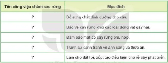 Hoàn thành vào vở tên công việc chăm sóc rừng Luyen Tap 3 Trang 37 Cong Nghe Lop 7 Ket Noi