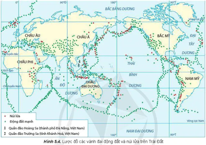 Đọc thông tin và quan sát hình 5.4, hãy xác định các vành đai động đất Cau Hoi Trang 21 Dia Li 10