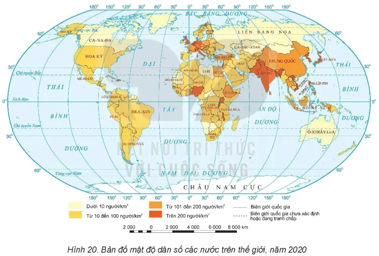 Dựa vào hình 20 và thông tin trong mục 1, hãy Xác định trên bản đồ một số nước có mật độ dân số trên 200 người/km2 Bai 20 Phan So Dan Cu Va Do Thi Hoa Tren The Gioi 132633