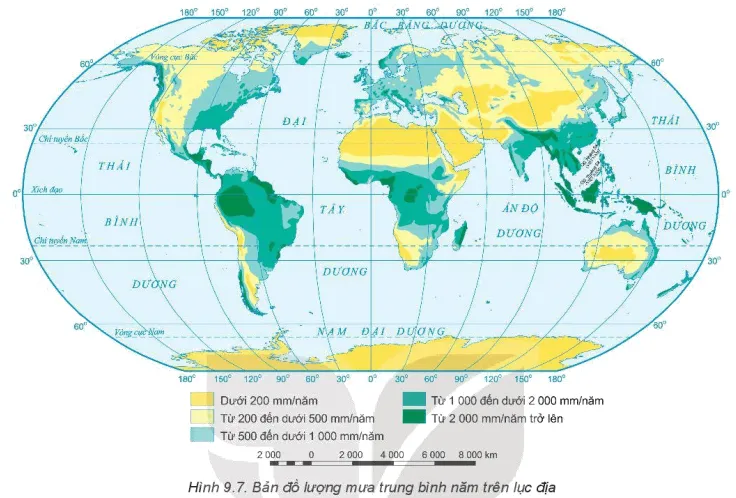 Dựa vào thông tin trong mục b và hình 9.7 hãy nhận xét khái quát về sự phân bố lượng mưa Bai 9 Khi Quyen Cac Yeu To Khi Hau 131812