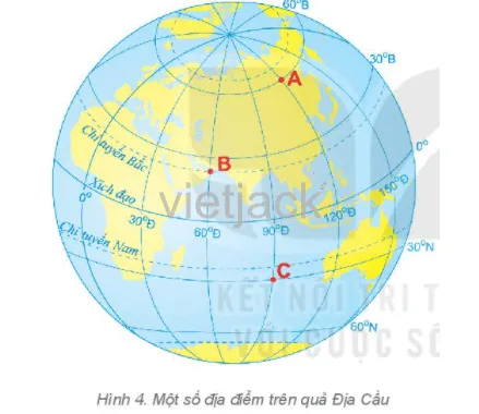 Xác định tọa độ địa lí của các điểm A, B, C trên hình 4 Cau Hoi 2 Trang 103 Dia Li Lop 6 Ket Noi Tri Thuc