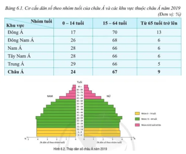 Đọc thông tin và quan sát bảng 6.1, hình 6.2, hãy nêu đặc điểm cơ cấu dân số của châu Á Cau Hoi Trang 105 Dia Li Lop 7 Canh Dieu 1