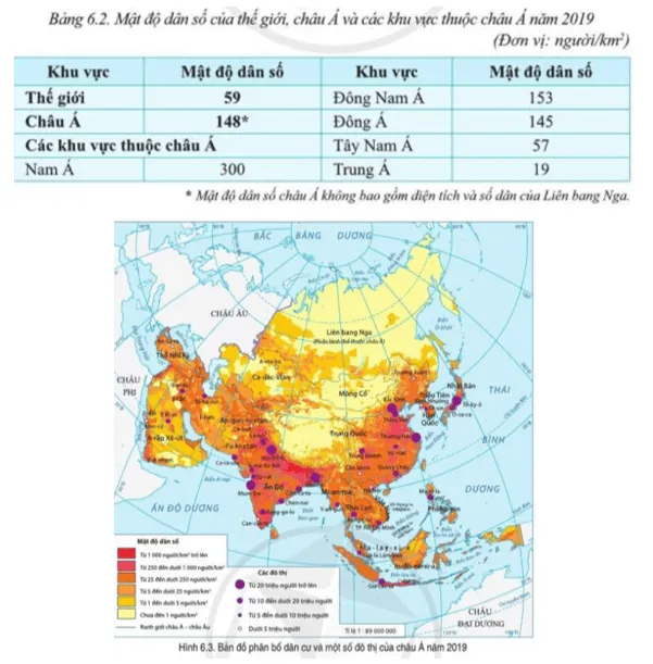 Đọc thông tin và quan sát bảng 6.2, hình 6.3, hãy xác định các khu vực đông dân và thưa dân ở châu Á Cau Hoi Trang 106 Dia Li Lop 7 Canh Dieu