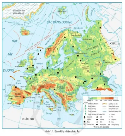 Quan sát hình 1.1, hãy xác định các sông lớn của châu Âu Rai-nơ, Đa-muýp, Von-ga Cau Hoi Trang 90 Dia Li Lop 7 Canh Dieu