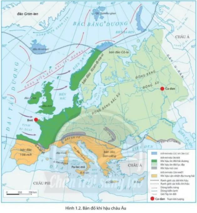 Dựa vào hình 1.2 và thông tin trong bài, em hãy: - Kể tên các đới và kiểu khí hậu của châu Âu Cau Hoi Trang 98 Dia Li Lop 7 Chan Troi 2 134048