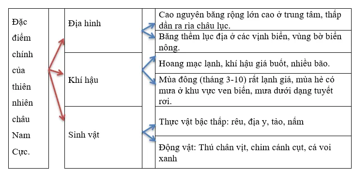 Lập sơ đồ tóm tắt những đặc điểm chính của thiên nhiên châu Nam Cực Luyen Tap 1 Trang 180 Dia Li Lop 7 Chan Troi 140798