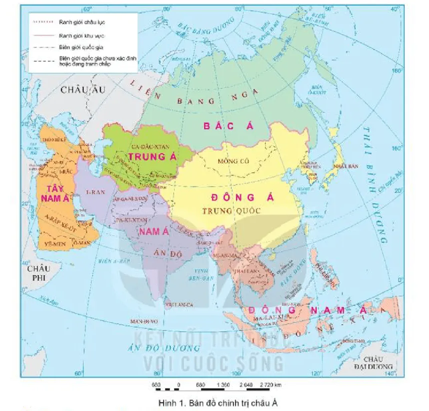 Xác định các khu vực của châu Á trên bản đồ hình 1 Cau Hoi Trang 118 Dia Li Lop 7 Ket Noi 125633