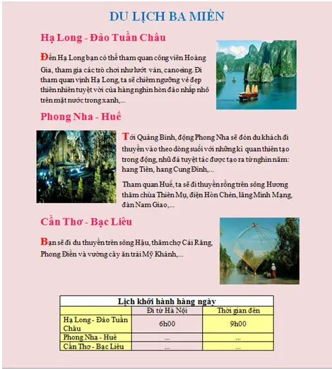 Giải bài tập Tin học 6 | Để học tốt Tin học 6 Bai Thuc Hanh Tong Hop Du Lich Ba Mien 1
