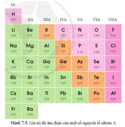 Dựa vào hình 7.5, hãy nhận xét quy luật chung về sự biến đổi độ âm điện Cau Hoi 2 Trang 40 Hoa Hoc 10