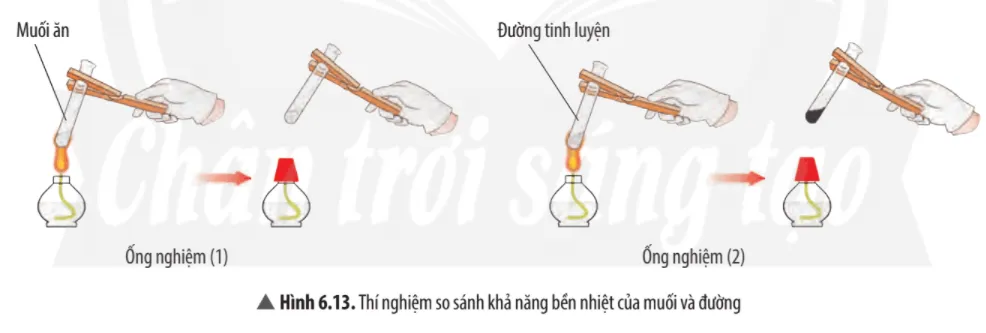 Quan sát thí nghiệm 2 (Hình 6.13), cho biết muối hay đường bền nhiệt hơn Cau Hoi Thao Luan 14 Trang 43 Khtn 7 Chan Troi 133698