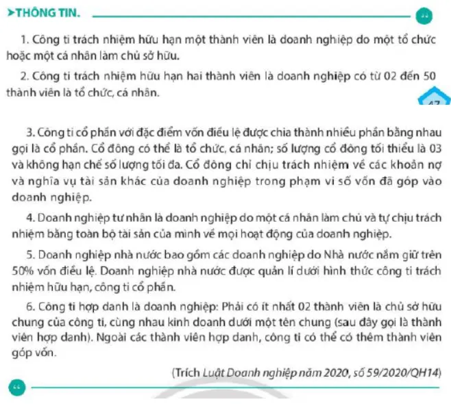 Kể tên các loại hình doanh nghiệp và đặc điểm của các loại hình doanh nghiệp Cau Hoi 3 Trang 47 Kinh Te Phap Luat 10