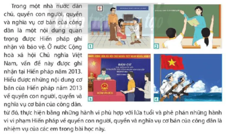 Em hãy cho biết các tranh trên mô tả quyền và nghĩa vụ gì theo Hiến pháp Mo Dau Trang 146 Kinh Te Phap Luat 10