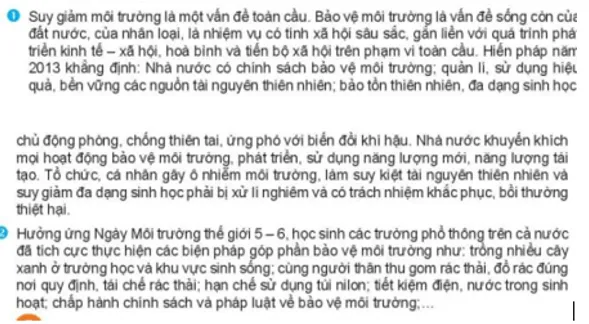 Theo em, tại sao Hiến pháp có nội dung về môi trường? Cau Hoi 1 Trang 107 Kinh Te Phap Luat 10