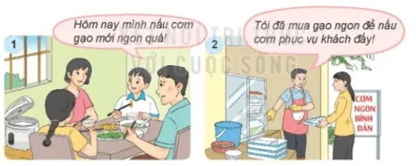 Các nhân vật trong hai bức tranh trên sử dụng sản phẩm gạo với mục đích gì Cau Hoi Trang 9 Kinh Te Phap Luat 10