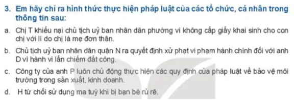 Em hãy chỉ ra hình thức thực hiện pháp luật của các tổ chức, cá nhân Luyen Tap 3 Trang 87 Kinh Te Phap Luat 10