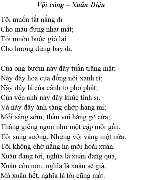 Bài thơ: Vội vàng (Xuân Diệu): nội dung, dàn ý phân tích, bố cục, tác giả | Ngữ văn lớp 11 Voi Vang