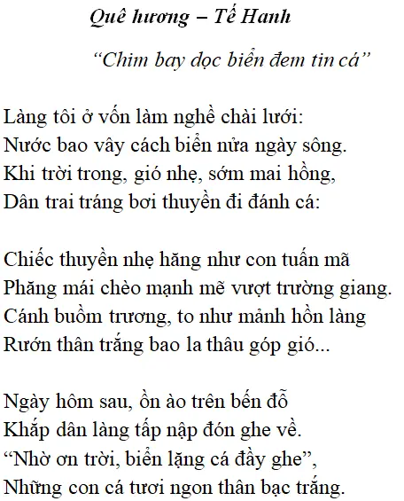 Bài thơ: Quê hương (Tế Hanh): nội dung, dàn ý, giá trị, tác giả | Ngữ văn lớp 8 Que Huong