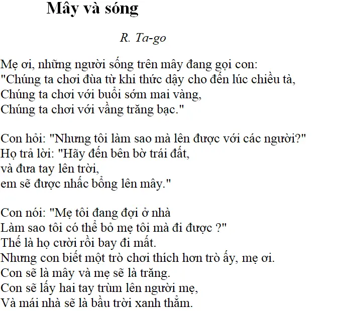 Bài thơ: Mây và sóng (R. Ta-go): nội dung, dàn ý, bố cục, tác giả | Ngữ văn lớp 9 May Va Song