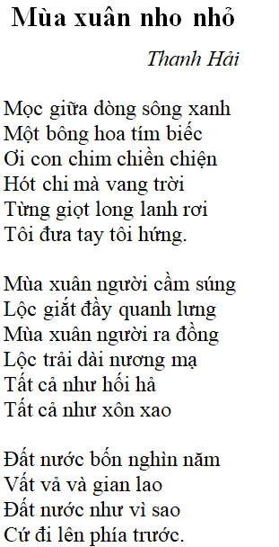 Bài thơ: Mùa xuân nho nhỏ (Thanh Hải): nội dung, dàn ý, bố cục, tác giả | Ngữ văn lớp 9 Mua Xuan Nho Nho