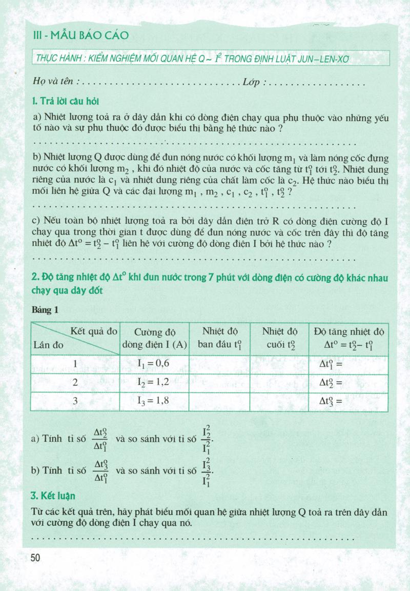 thực hành: kiểm nghiệm mối quan hệ q – t^2 trong định luật jun – len-xơ.