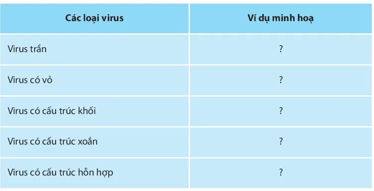 Tìm ví dụ minh họa cho các loại virus theo nội dung bảng sau: Bai Tap 1 Trang 156 Sinh Hoc 10