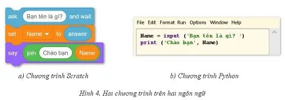 Hai đoạn chương trình (viết bằng hai ngôn ngữ lập trình khác nhau) ở Hình 4 Bai 5 Trang 62 Tin Hoc 10 1