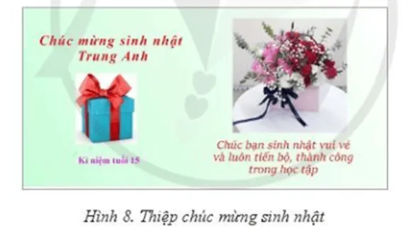 Em hãy thực hiện ghép ảnh để thiết kế một thiệp chúc mừng sinh nhật như ở Hình 8 Luyen Tap Trang 151 Tin Hoc 10 145154