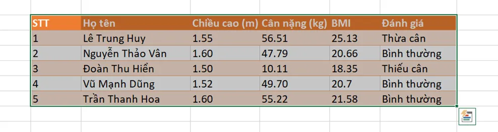 Mở tệp ThucHanh.xlsx, trong Bảng chỉ số BMI của một nhóm, hãy cho biết ô nào chứa dữ liệu trực tiếp Hoat Dong Trang 43 Tin Hoc 7 Chan Troi 142979