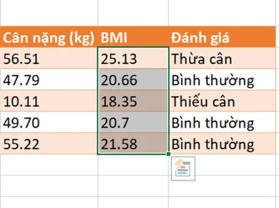 Mở tệp ThucHanh.xlsx, trong Bảng chỉ số BMI của một nhóm, hãy cho biết ô nào chứa dữ liệu trực tiếp Hoat Dong Trang 43 Tin Hoc 7 Chan Troi 142980