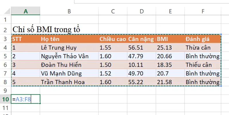 Chọn khối ô vừa đủ chứa trọn Bảng chỉ số BMI của một nhóm và cho biết địa chỉ khối ô là gì Luyen Tap 1 Trang 44 Tin Hoc 7 Chan Troi 142983