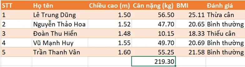 Tính tổng cân nặng và điền thêm vào ở dưới cùng của cột cần nặng Luyen Tap 2 Trang 38 Tin Hoc 7 Chan Troi 142910