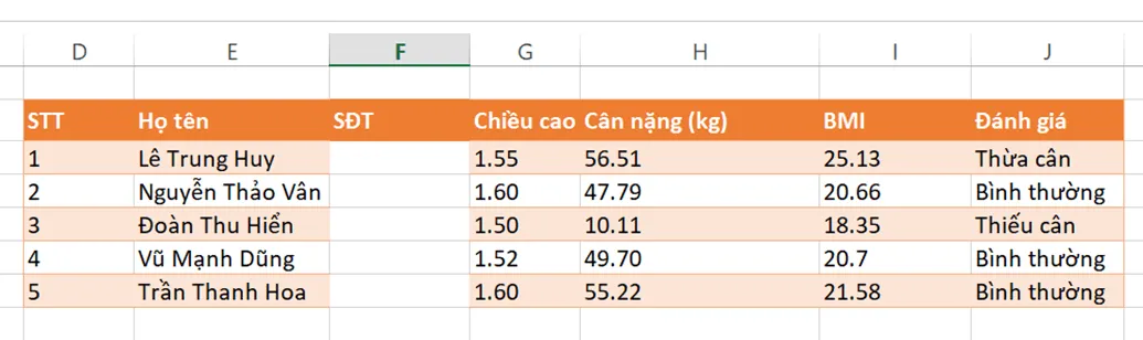 Chuyển vị trí cột Điện thoại trong Bảng chỉ số BMI của một nhóm để trở thành cột liền kề bên phải cột Họ tên Luyen Tap 2 Trang 44 Tin Hoc 7 Chan Troi 142984