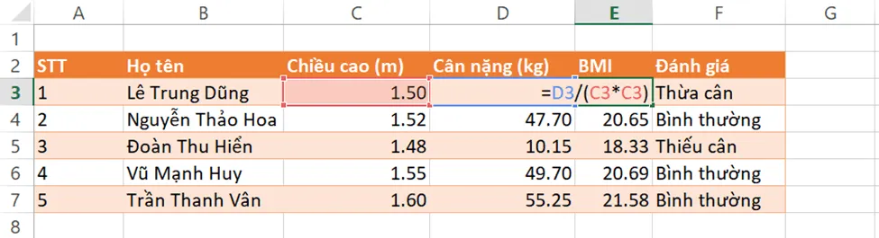 Điền công thức tính chỉ số BMI vào cột BMI thay cho các số liệu trực tiếp trong tệp ThucHanh.xlsx Luyen Tap 2 Trang 54 Tin Hoc 7 Chan Troi 143161