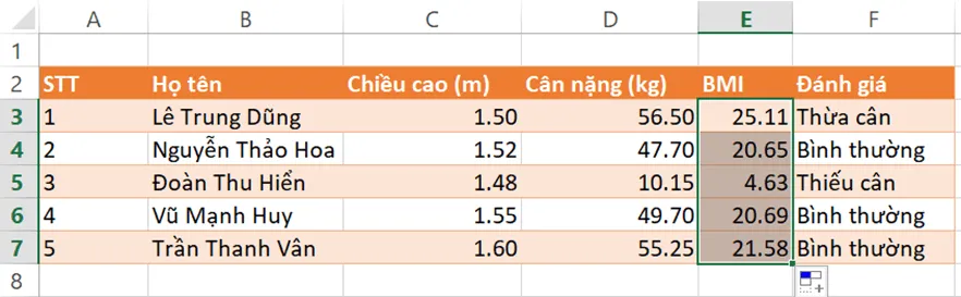 Điền công thức tính chỉ số BMI vào cột BMI thay cho các số liệu trực tiếp trong tệp ThucHanh.xlsx Luyen Tap 2 Trang 54 Tin Hoc 7 Chan Troi 143162