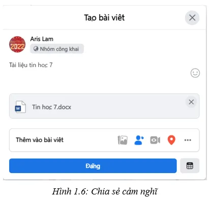 Em hãy chia sẻ lên trang cá nhân Facebook cho các bạn một tệp văn bản Van Dung 1 Trang 26 Tin Hoc 7 Chan Troi 5