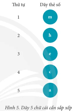 Em hãy sắp xếp dãy chữ cái ở Hình 5 theo thứ tự tăng dần bằng thuật toán Kham Pha 1 Trang 79 Tin Hoc 7 Chan Troi