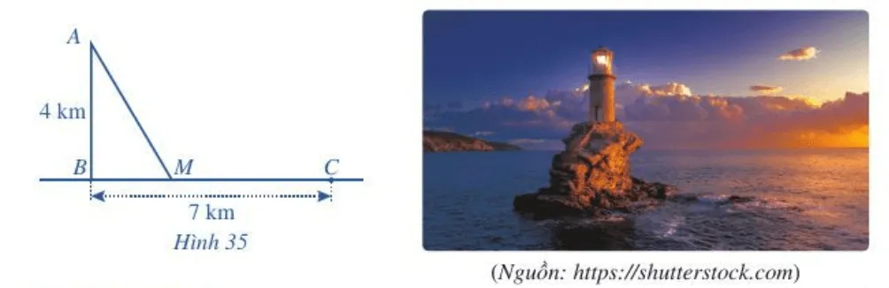 Một ngọn hải đăng đặt tại vị trí A cách bờ biển một khoảng cách AB = 4 km Bai 5 Trang 59 Toan Lop 10 Tap 1 1