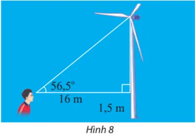 Một người đứng cách thân một cái quạt gió 16 m và nhìn thấy tâm của cánh quạt với góc nâng 56,5 độ Bai 3 Trang 77 Toan Lop 10 Tap 1