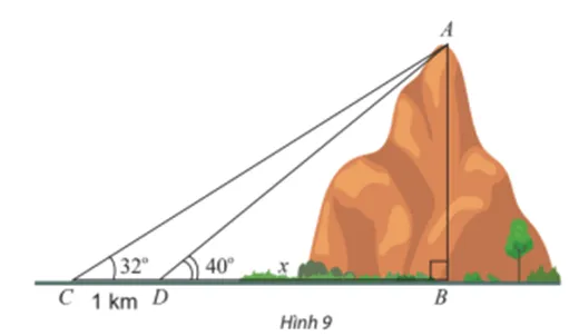 Tính chiều cao AB của một ngọn núi. Biết tại hai điểm C, D cách nhau 1 km trên mặt đất  Bai 4 Trang 78 Toan Lop 10 Tap 1