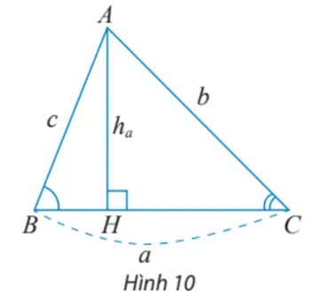 Cho tam giác ABC như Hình 10. Viết công thức tính diện tích S của tam giác ABC Hoat Dong Kham Pha 3 Trang 70 Toan 10 Tap 1