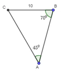 Cho tam giác ABC có a = 10, góc A = 45 độ, góc B = 70 độ Bai 3 6 Trang 42 Toan Lop 10 Tap 1