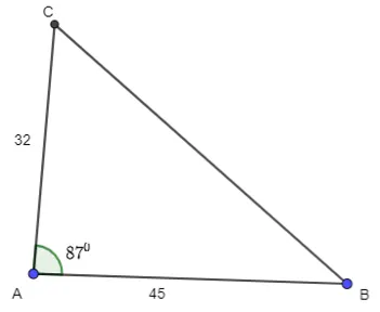 Giải tam giác ABC, biết b = 32, c = 45, góc A = 87 độ Luyen Tap 3 Trang 40 Toan 10 Tap 1