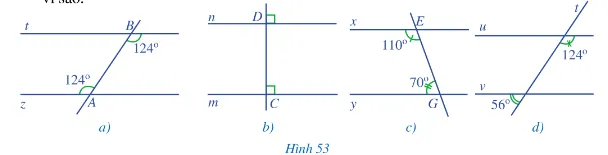 Tìm cặp đường thẳng song song trong mỗi hình 53a, 53b, 53c, 53d và giải thích vì sao A Sua Bai 3 Trang 108 Toan Lop 7 Tap 1 128597
