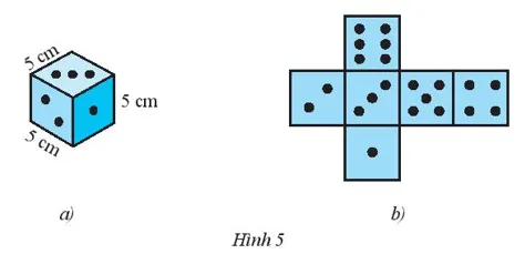 Hùng làm một con xúc xắc hình lập phương có kích thước như Hình 5a Bai 1 Trang 53 Toan Lop 7 Tap 1