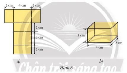 Hãy vẽ và gấp tấm bìa như Hình 6a thành một hình hộp chữ nhật như Hình 6b Bai 2 Trang 53 Toan Lop 7 Tap 1